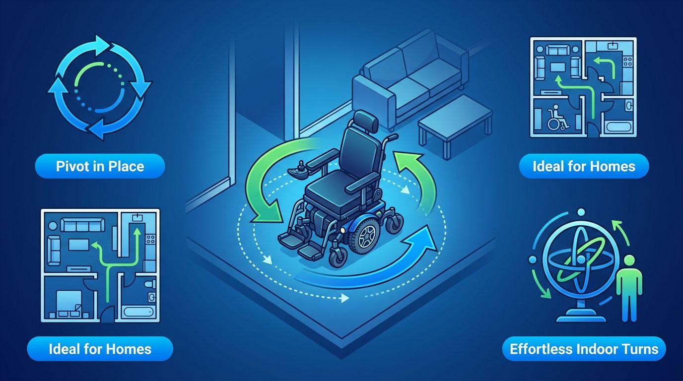 Infographic illustrating tight turning radius of power wheelchairs with central pivot image and navigation icons