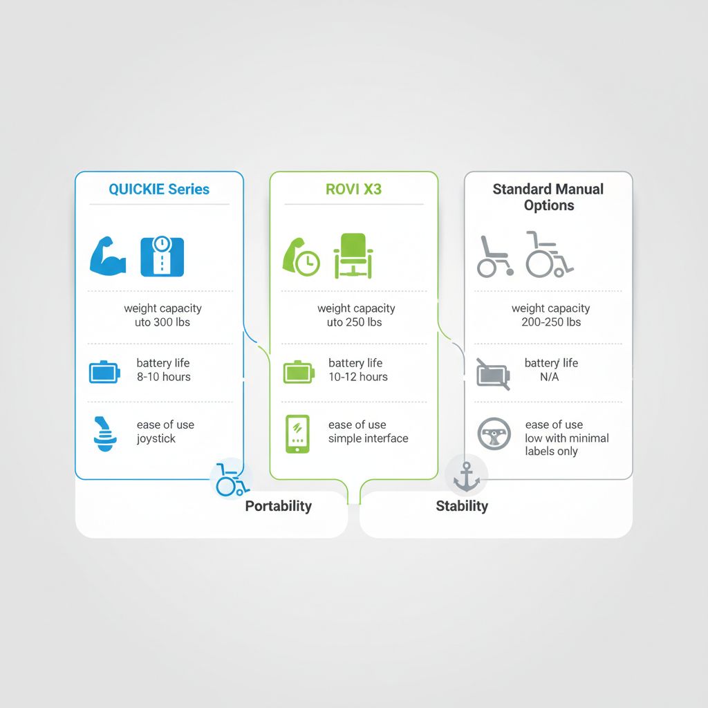 Infographic comparing three power wheelchair models for seniors with metrics on weight capacity, battery life, and ease of use.