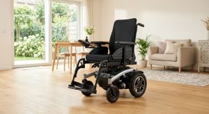 Modern Quickie power wheelchair in a bright, accessible home living space with natural light, highlighting freedom and independence.