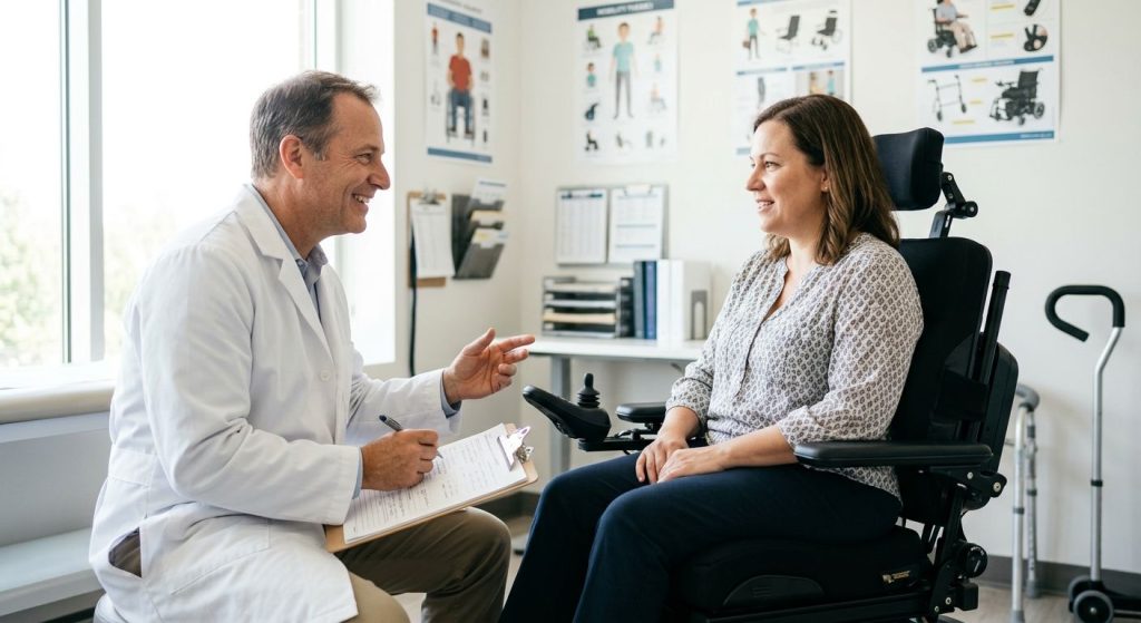 Healthcare professional consulting with patient about custom complex rehab power wheelchair in bright medical evaluation room
