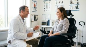 Healthcare professional consulting with patient about custom complex rehab power wheelchair in bright medical evaluation room