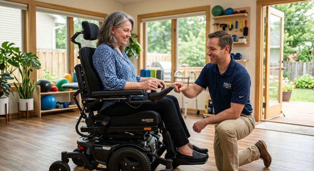 Professional photo of ATP evaluator demonstrating advanced power wheelchair features to user in bright accessible home setting promoting independence and expertise.