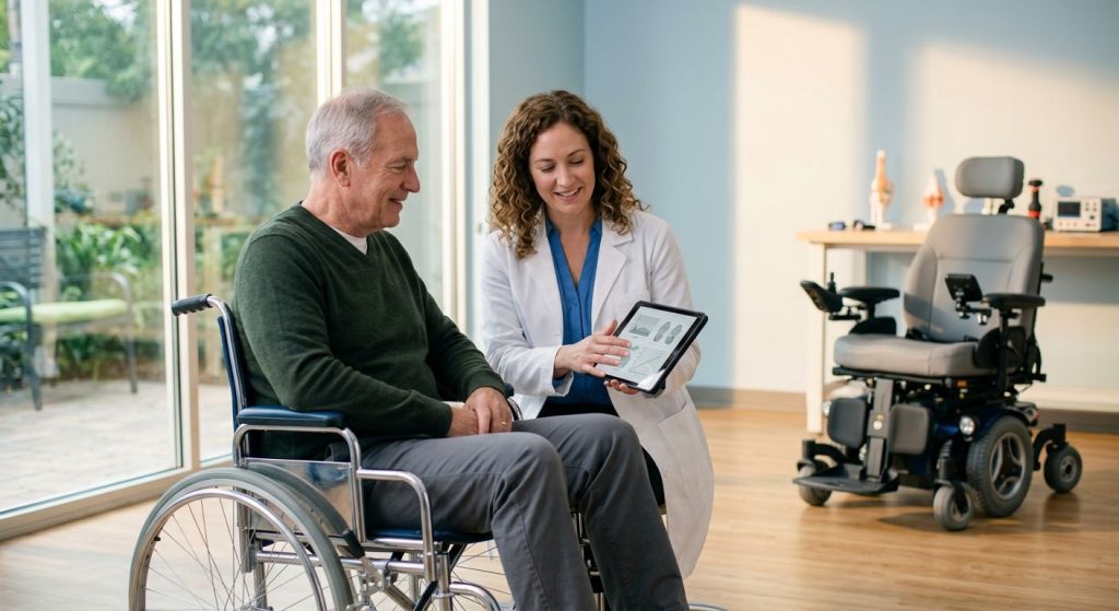 Certified ATP conducting power wheelchair evaluation with patient in bright clinic, assistive technology visible