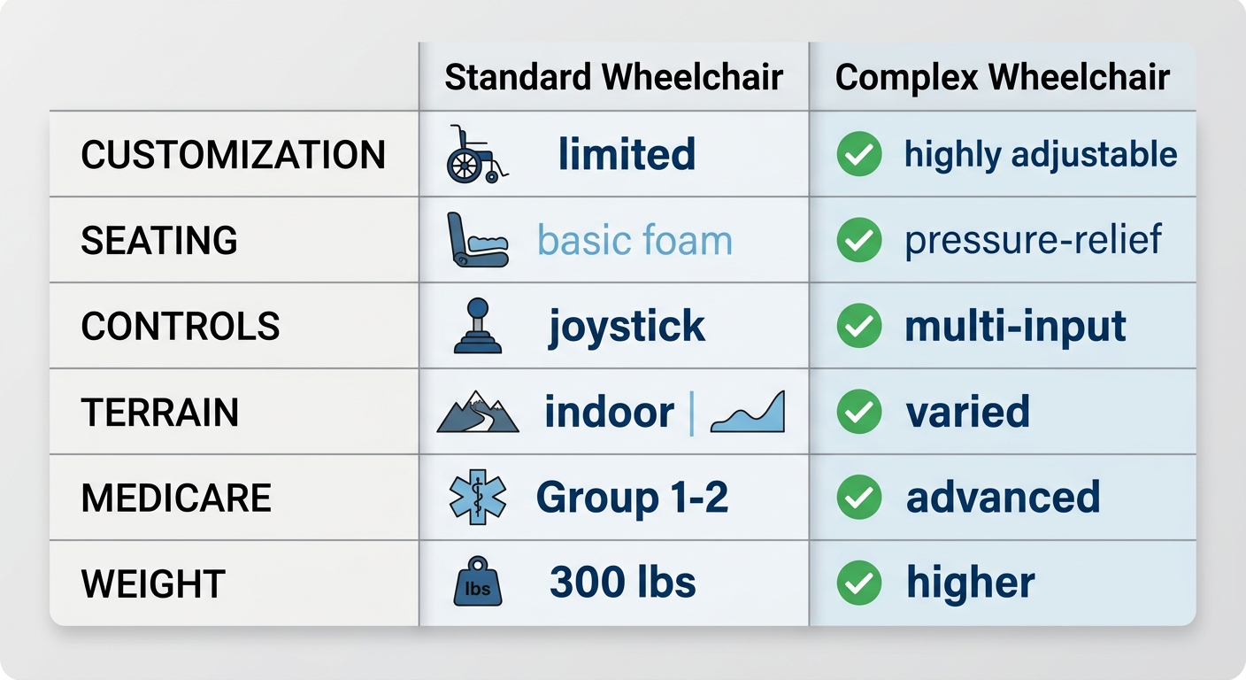 Infographic comparing key features of standard and complex power wheelchairs including customization, seating, controls, terrain capability, Medicare coverage, and weight capacity.