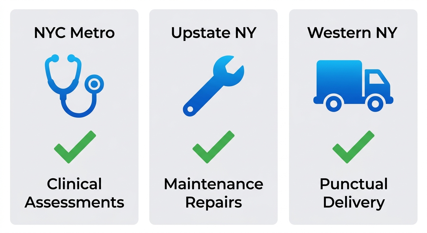Infographic comparing MedEquipped's power wheelchair services coverage in NYC Metro, Upstate NY, and Western NY regions using icons and checkmarks