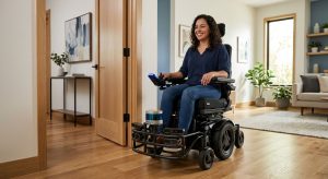 Modern power wheelchair with collision avoidance sensors and LiDAR in a bright living room, user smiling while approaching a doorway hands-free.