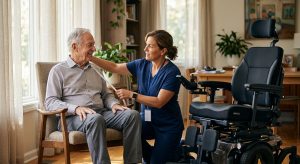 A certified Assistive Technology Professional evaluator kneels beside a seated patient, measuring posture in a bright living room with a custom power wheelchair nearby, conveying personalized mobility care.