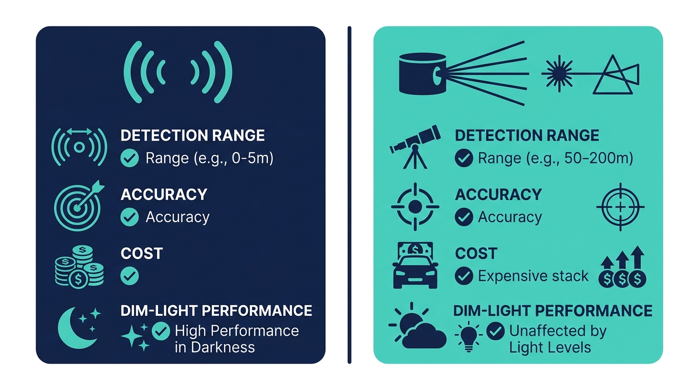 Side-by-side comparison infographic of ultrasonic and LiDAR sensor technologies used in power wheelchair collision avoidance systems