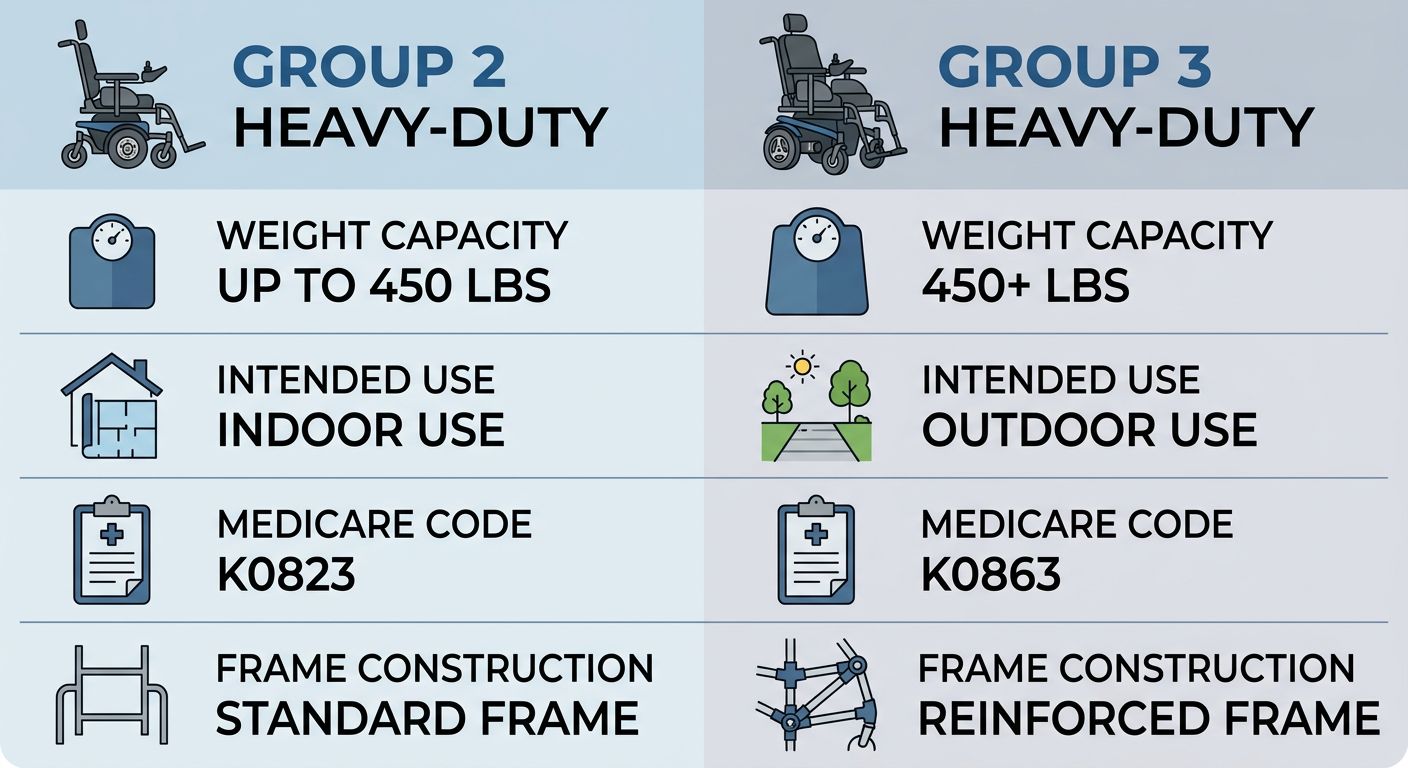 Two-column comparison infographic showing Group 2 and Group 3 power wheelchair specifications including weight capacity, intended use, and Medicare codes.