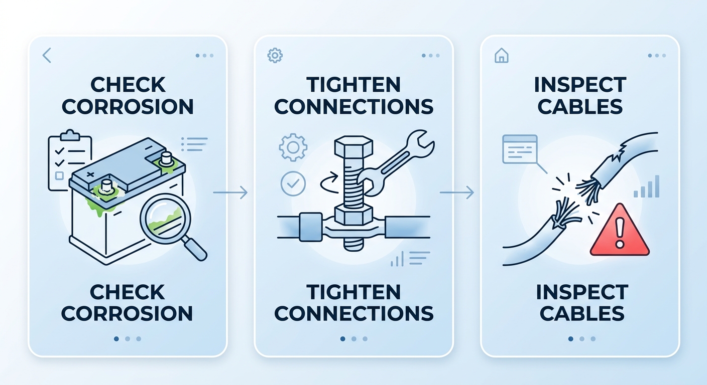 Three-panel infographic for wheelchair battery inspection: check corrosion with baking soda mix, tighten connections securely, and examine cable insulation for damage, using blue and white palette.