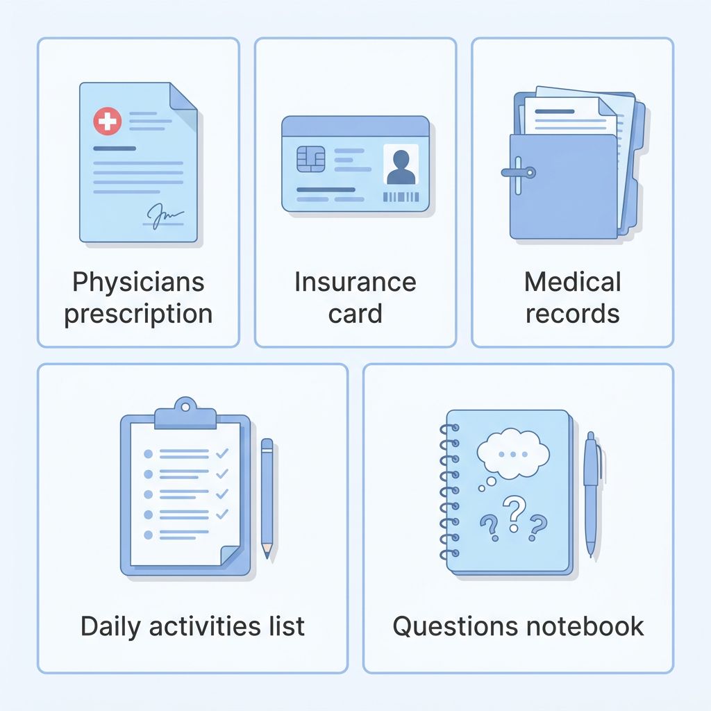 Infographic checklist with icons for physician's prescription, insurance card, medical records, daily activities list, and questions notebook for ATP evaluation preparation at MedEquipped.