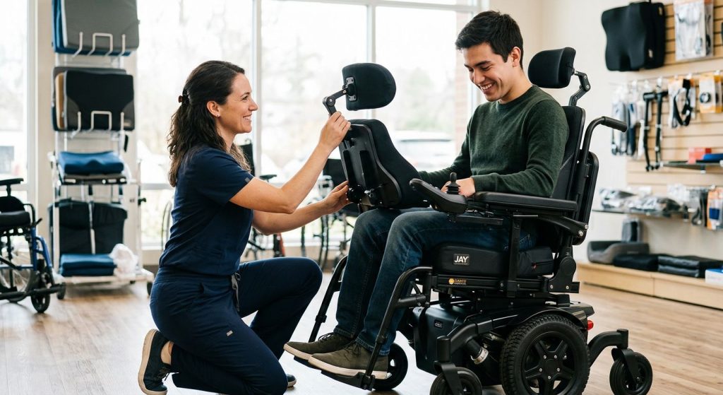 Certified Assistive Technology Professional adjusting custom seating on a Sunrise Medical Quickie power wheelchair for a smiling patient in a bright clinic setting