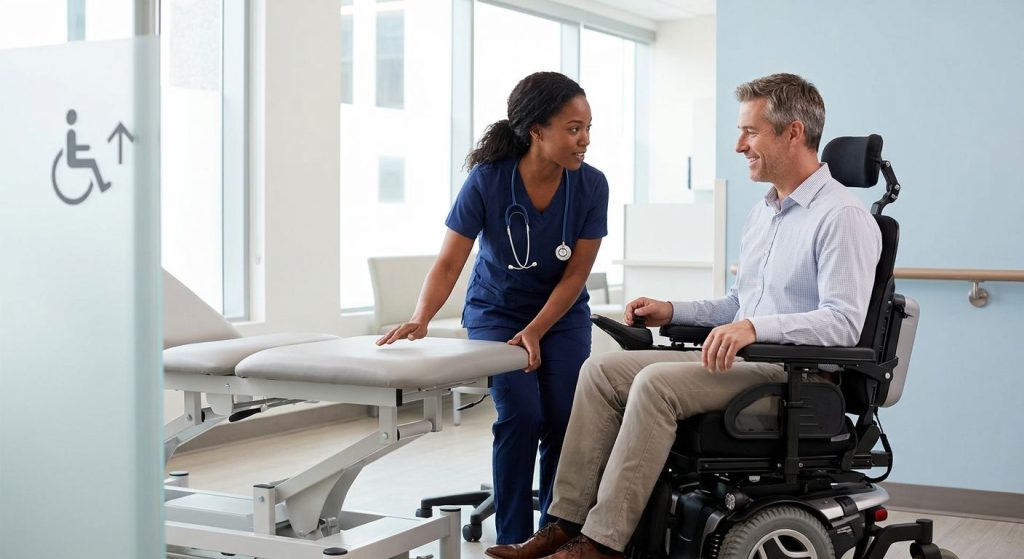 A modern healthcare clinic scene with a person in a custom motorized wheelchair beside an adjustable exam table, a healthcare professional gesturing, natural light, accessibility signage, MedEquipped branding on wheelchair.