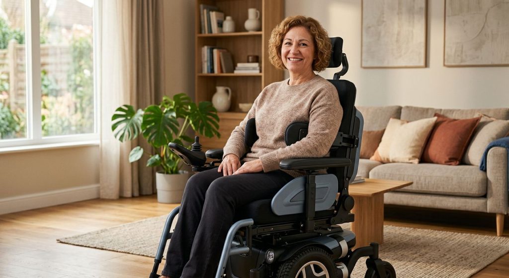 Power wheelchair user seated in a bright living room with custom lateral trunk supports, showing comfortable postural alignment and natural smile in soft window light.