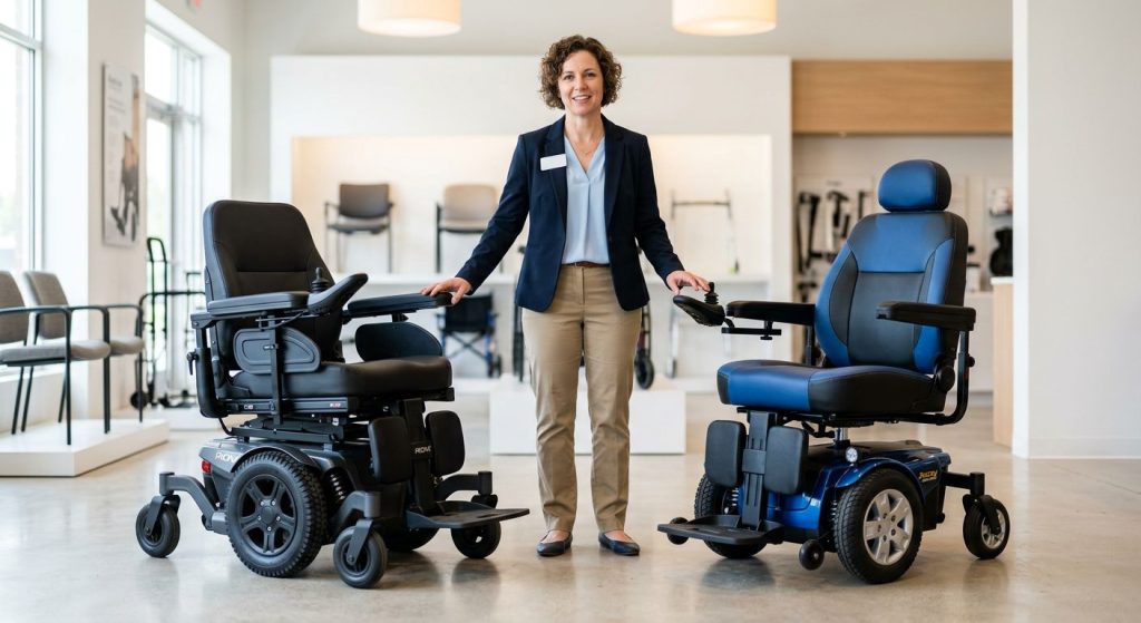 Certified ATP evaluator gesturing between a dark gray ROVI X3 and a blue Pride Jazzy 600 ES power wheelchair in a modern mobility showroom with clean background and soft lighting.
