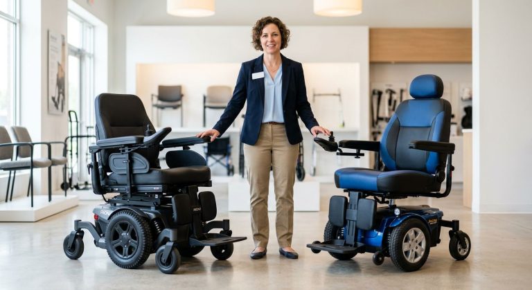 Certified ATP evaluator gesturing between a dark gray ROVI X3 and a blue Pride Jazzy 600 ES power wheelchair in a modern mobility showroom with clean background and soft lighting.
