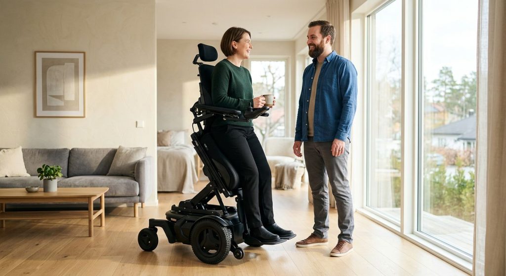 A smiling individual in a standing power wheelchair in a bright living room, raised to eye level with a family member by a window, natural sunlight illuminating the scene, conveying independence and quality of life.