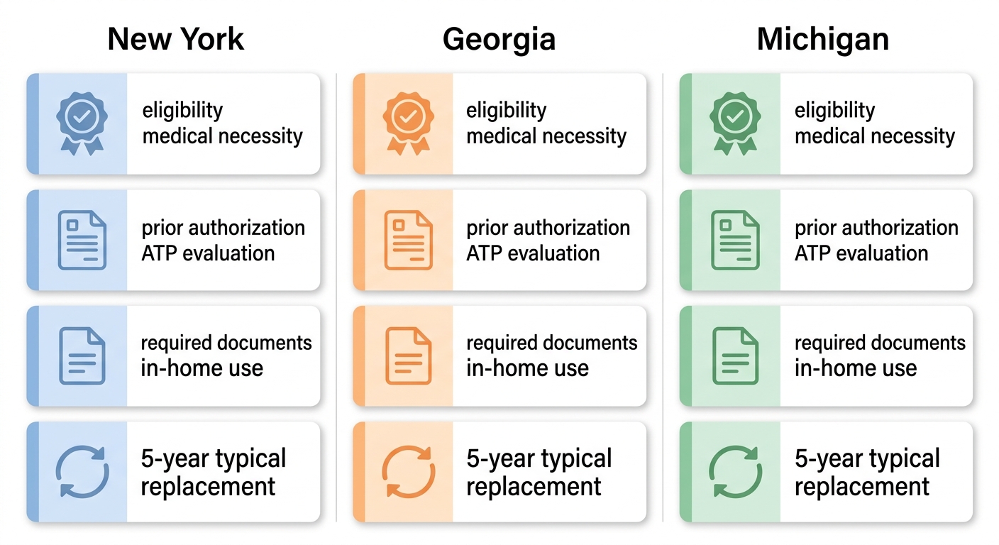 Three-column comparison infographic of Medicaid power wheelchair coverage criteria for New York, Georgia, and Michigan showing eligibility, prior authorization, required documents, and replacement cycle
