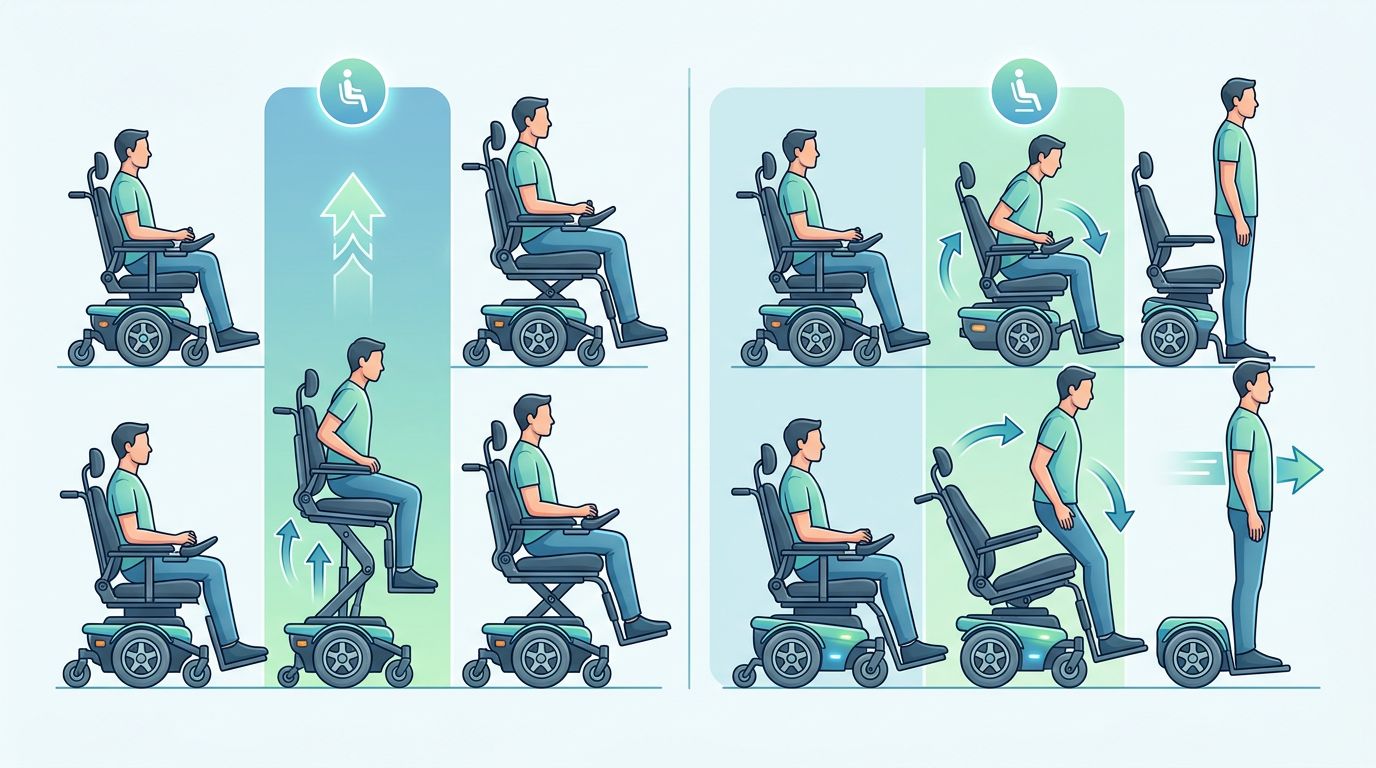 Visual comparison of sit-to-stand and tilt-to-stand mechanisms in a Permobil standing power wheelchair.