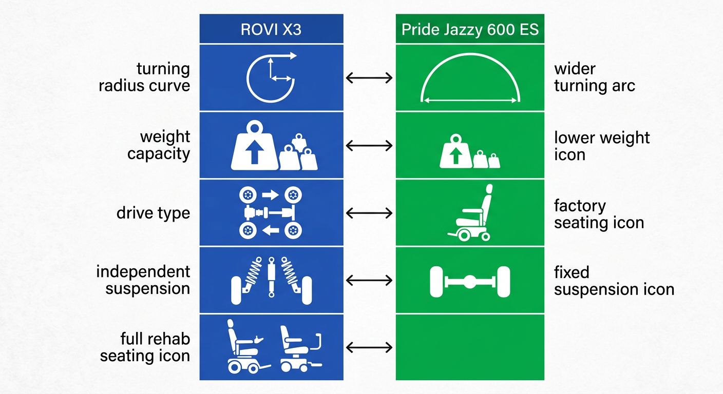 Product comparison infographic showing ROVI X3 in blue column versus Pride Jazzy 600 ES in green column with icons for turning radius, weight capacity, drive type, suspension, and seating compatibility