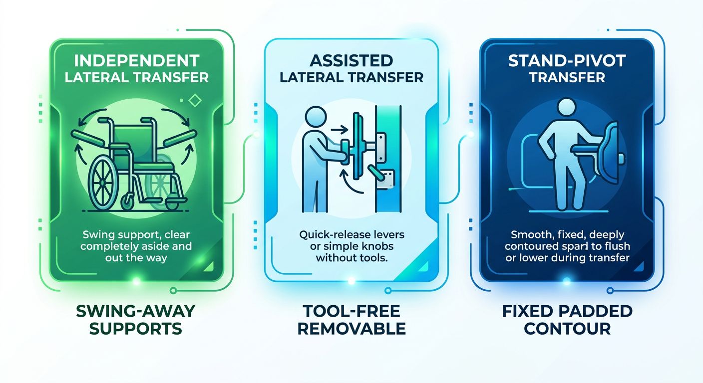 Three-column infographic comparing independent, assisted, and stand-pivot lateral transfer types with icons and corresponding ideal lateral trunk support features, using a blue and green palette on white.