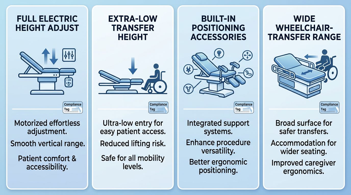 Four-panel infographic comparing exam table models: Full Electric Height Adjust, Extra-Low Transfer Height, Built-in Positioning Accessories, and Wide Wheelchair-Transfer Range, with icons and compliance tags.
