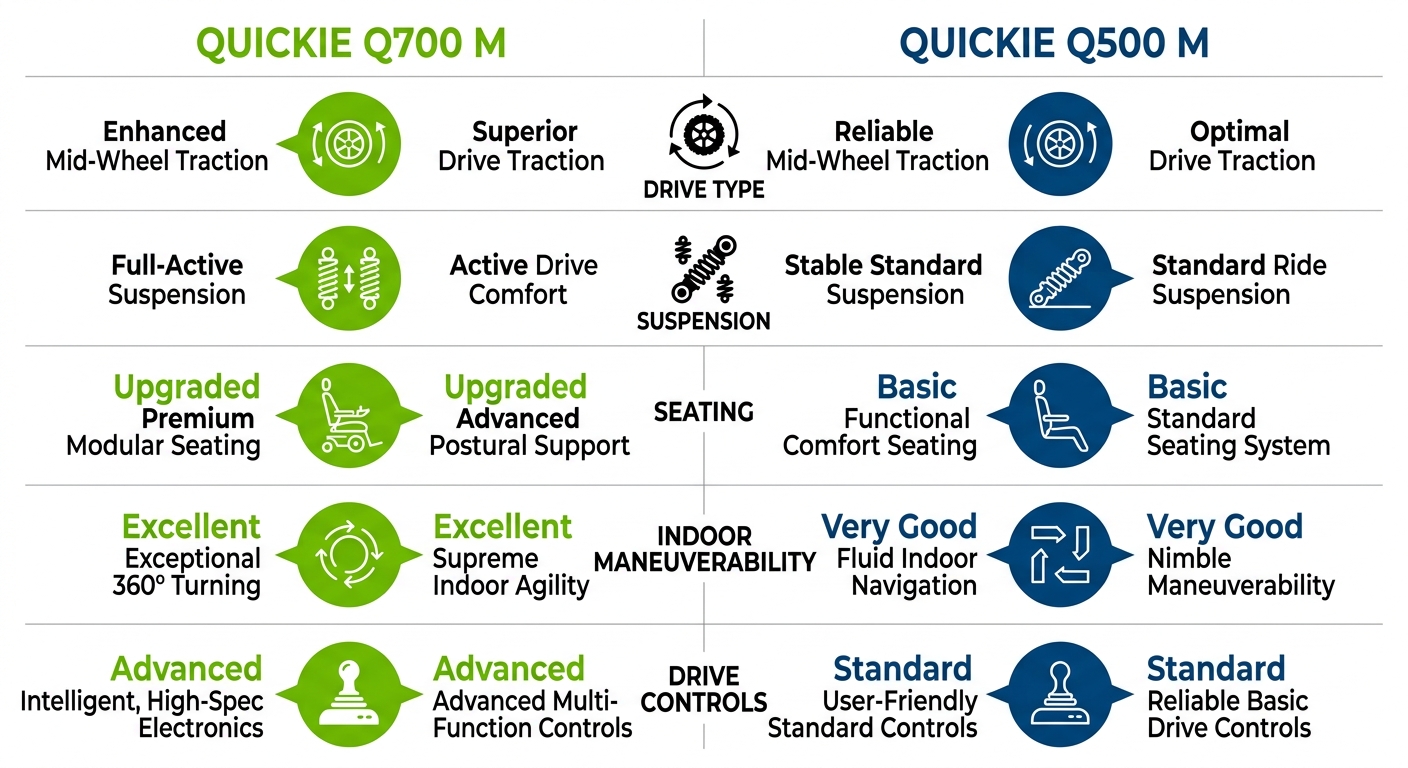 Comparison infographic showing QUICKIE Q700 M and Q500 M mid-wheel drive power wheelchairs across drive type, suspension, seating, maneuverability, and drive controls