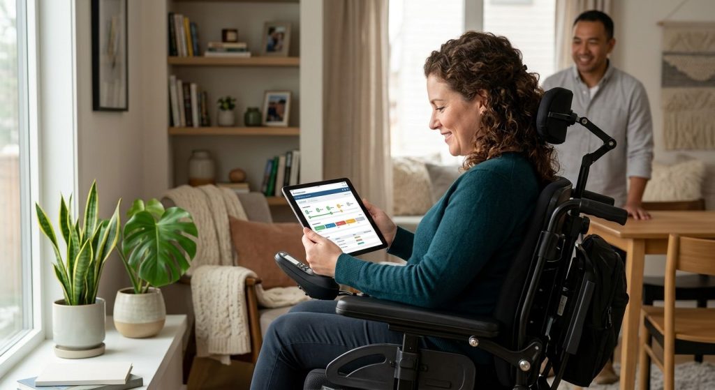 Person with disability in custom motorized wheelchair holding tablet showing DME Track Portal with order progress indicators