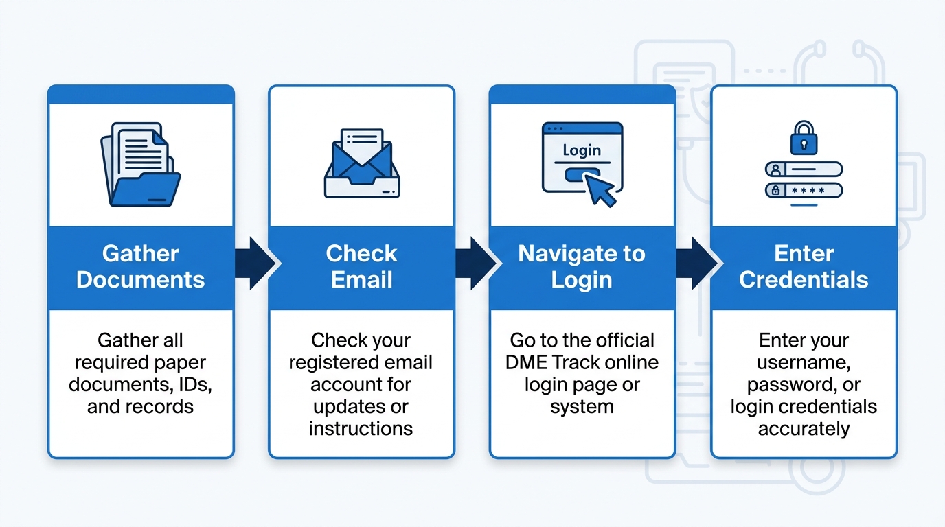 Four-step process for MedEquipped DME Track login preparation showing steps from gathering documents to entering credentials.