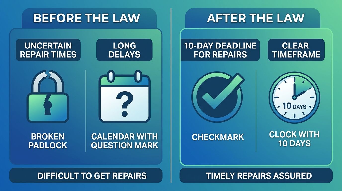 Side-by-side comparison infographic of before and after wheelchair repair laws in New York, with icons for broken lock and calendar on the left and checkmark and clock on the right.
