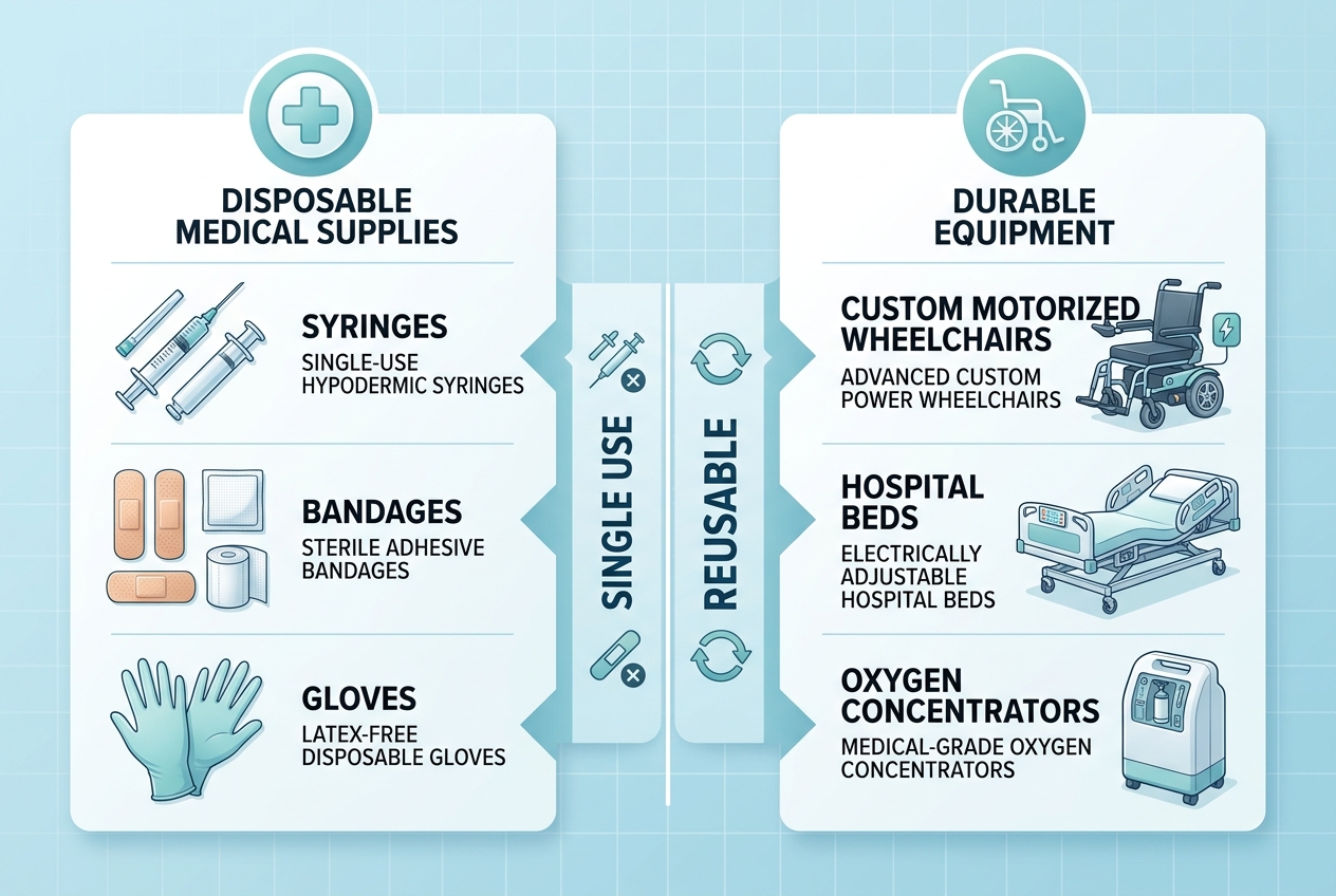 Infographic comparing disposable medical supplies versus durable medical equipment
