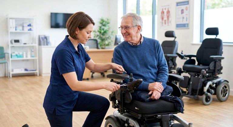 MedEquipped technician performing a personalized motorized wheelchair fitting for a senior patient in a bright clinic.