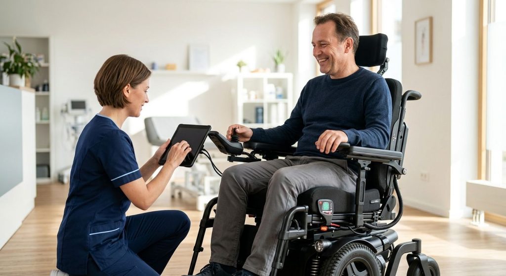 A smiling man in a custom motorized wheelchair while a technician adjusts settings on a tablet in a bright clinic