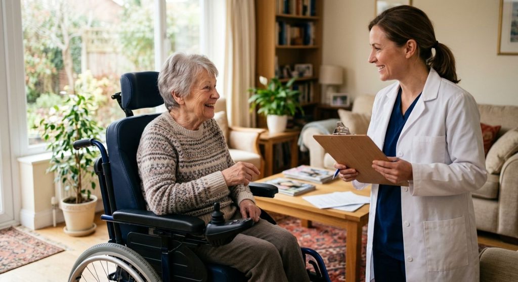 Senior patient with doctor in wheelchair consultation room with Medicare documents
