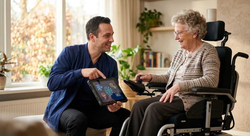 A mobility specialist points to a tablet while seating an elderly patient in a custom motorized wheelchair in a sunlit living room.
