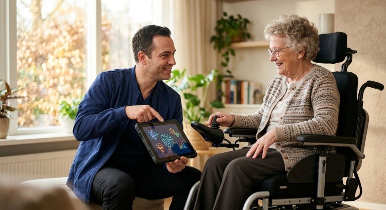 A mobility specialist points to a tablet while seating an elderly patient in a custom motorized wheelchair in a sunlit living room.