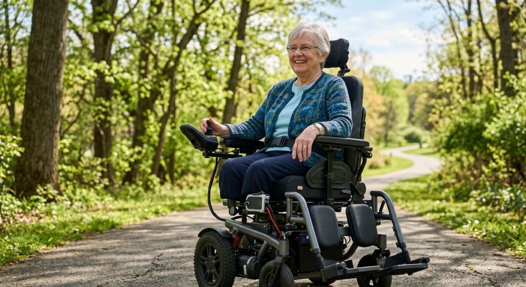 Senior smiling while operating custom motorized wheelchair on sunlit park path in Spring Valley, NY