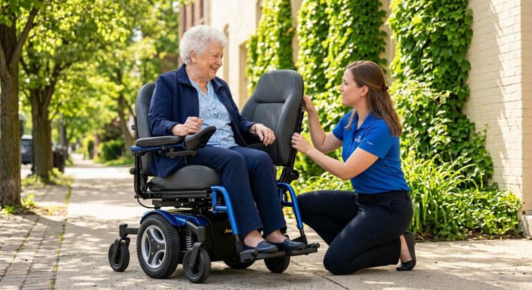 Elderly person in a Jazzy power wheelchair smiling on a sunny sidewalk in Spring Valley as a MedEquipped specialist kneels beside them adjusting the backrest