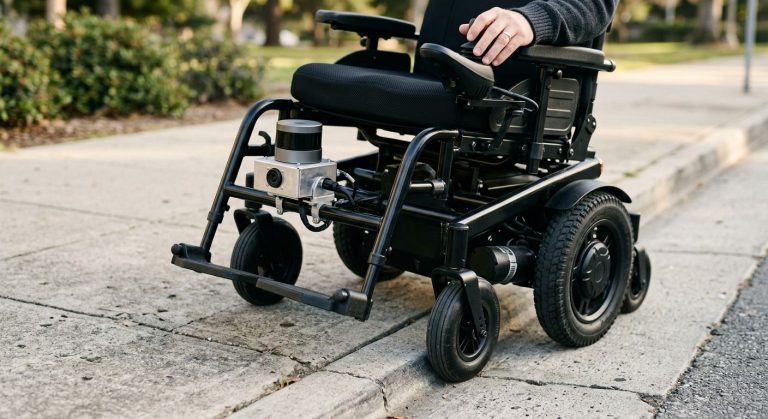 Close-up of a power wheelchair with collision avoidance sensors on a sidewalk facing a curb, with user's hand on joystick.