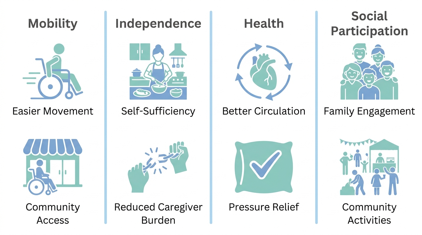 Infographic displaying four benefit categories of power wheelchairs: Mobility, Independence, Health, and Social Participation with corresponding icons and labels.