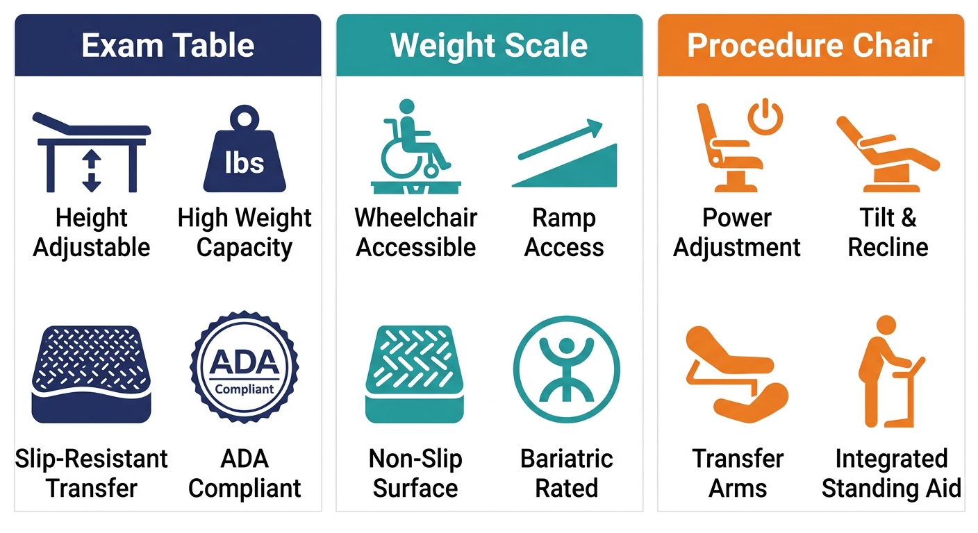 Infographic with three columns: Exam Table with four accessibility icons, Weight Scale with four accessibility icons, and Procedure Chair with four accessibility icons, each with labels beneath icons.