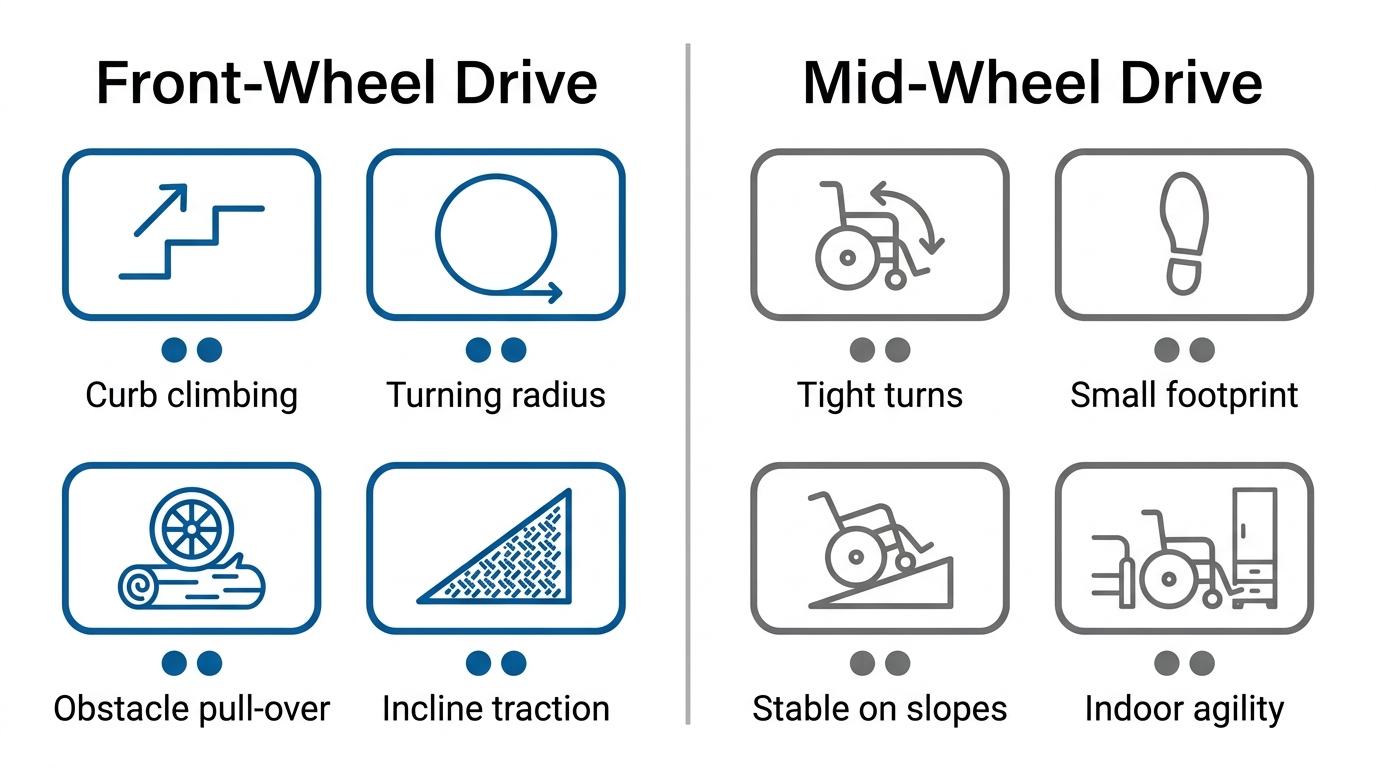 Infografik mit zwei Spalten zum Vergleich von Vorderrad- und Mittelradantrieb bei Motorrollstühlen