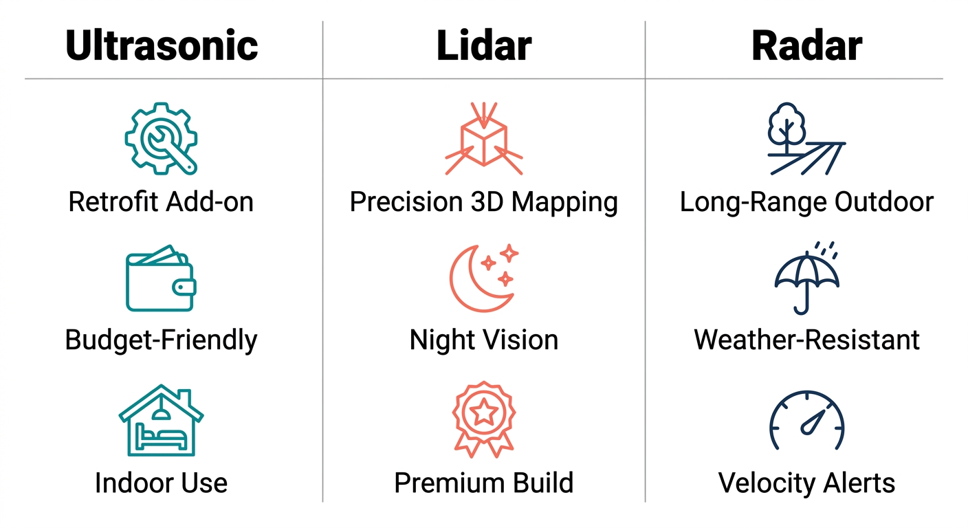 Infographic comparing three collision avoidance technologies for wheelchairs: Ultrasonic, Lidar, and Radar, each with three key features.