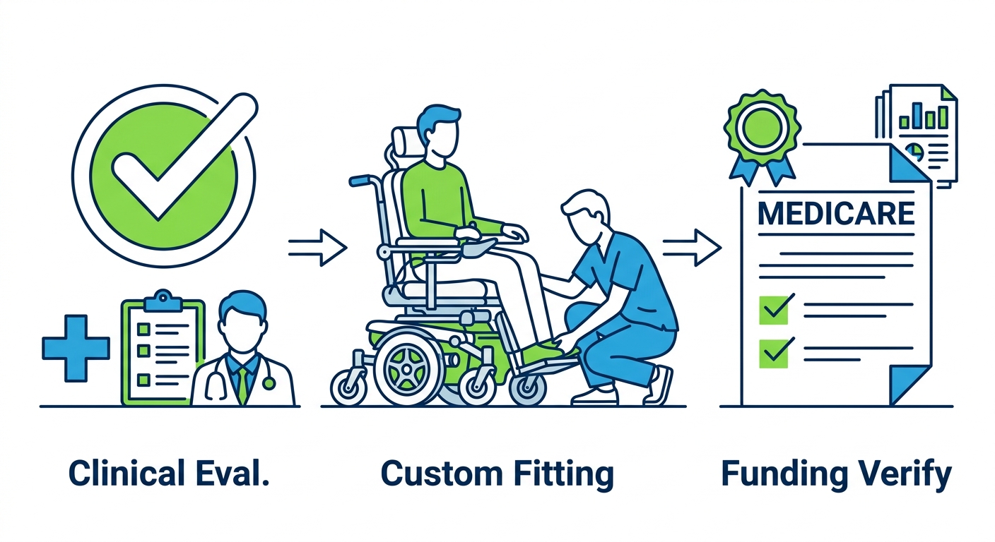 Three-stage process flow showing wheelchair evaluation, custom fitting, and funding verification with connecting arrows