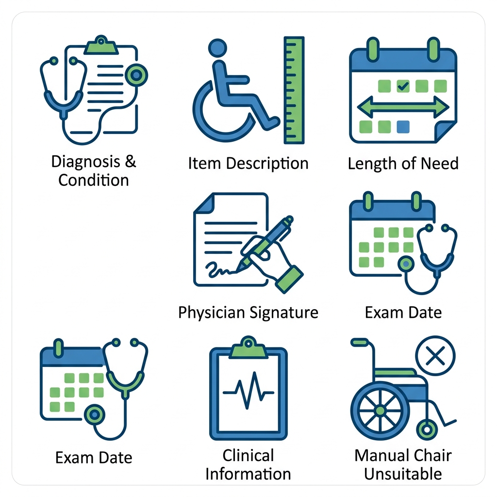 Seven flat outlined icons representing the mandatory components of a Medicare 7-Element Order for a motorized wheelchair, including diagnosis, item description, length of need, physician signature, exam date, clinical information, and manual chair unsuitability.