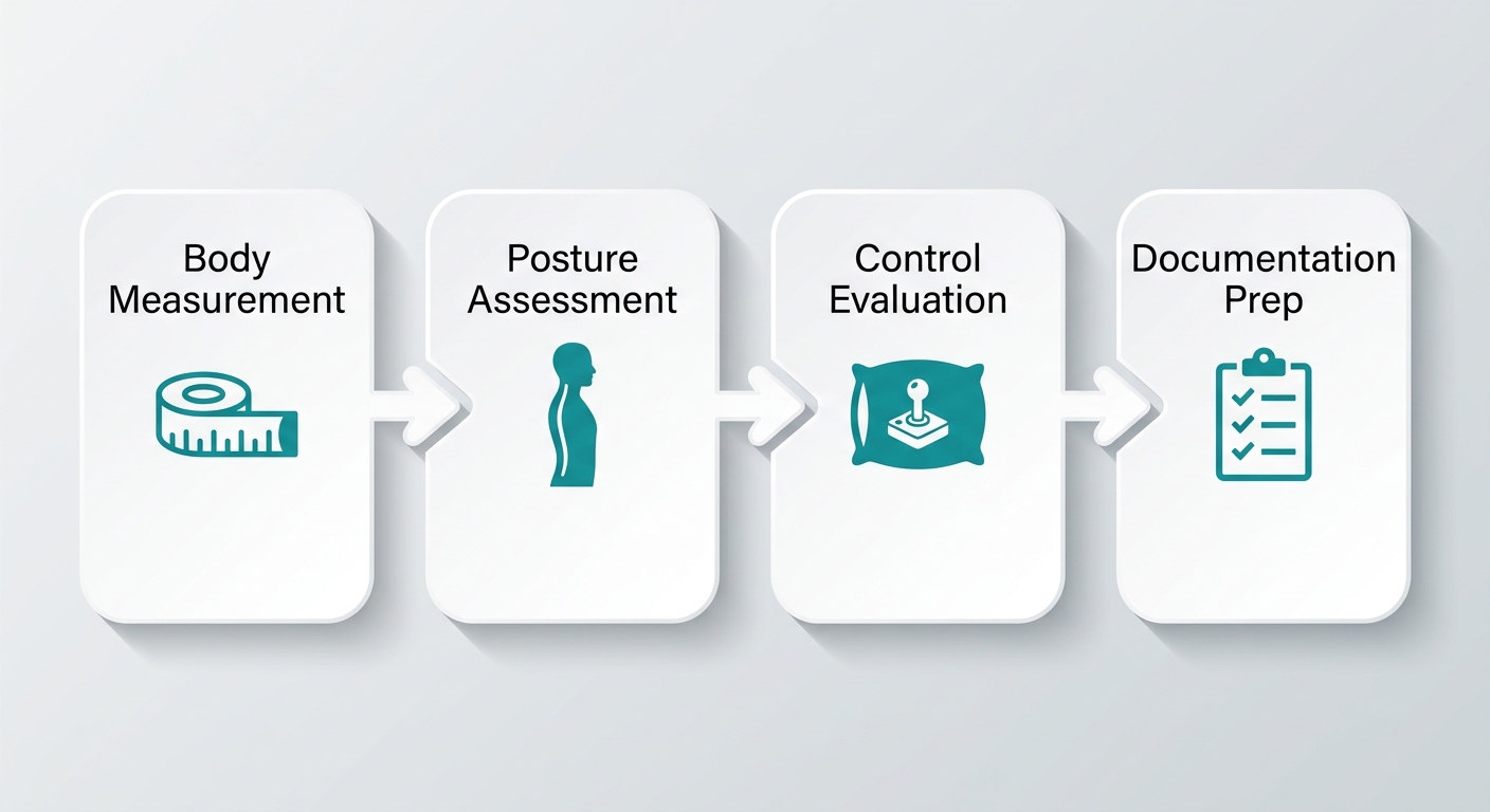 Process flow diagram showing the four steps to fit a custom motorized wheelchair: body measurement, posture assessment, control evaluation, and documentation prep.