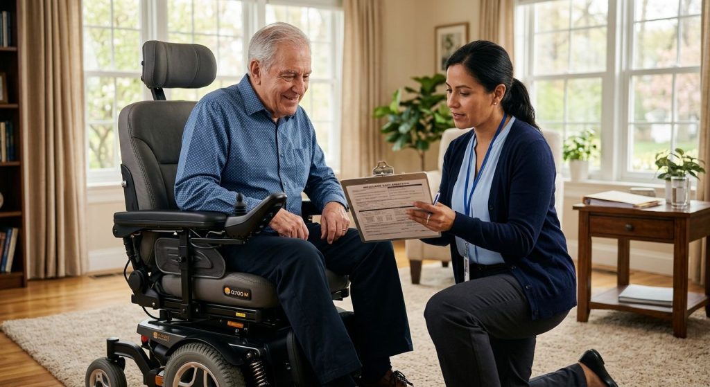 Healthcare professional explaining Medicare paperwork to a senior patient seated in a custom motorized wheelchair in a bright living room