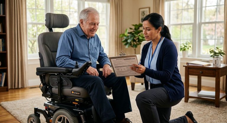 Healthcare professional explaining Medicare paperwork to a senior patient seated in a custom motorized wheelchair in a bright living room