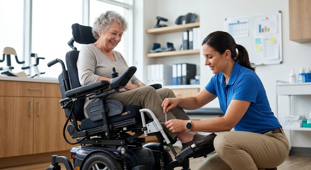 A certified Assistive Technology Professional adjusting a custom motorized wheelchair for a seated patient in a bright clinic, with natural light and a clean medical workspace