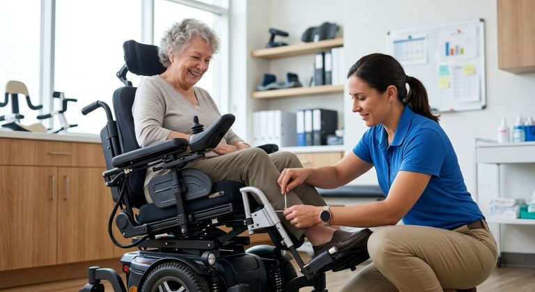 A certified Assistive Technology Professional adjusting a custom motorized wheelchair for a seated patient in a bright clinic, with natural light and a clean medical workspace